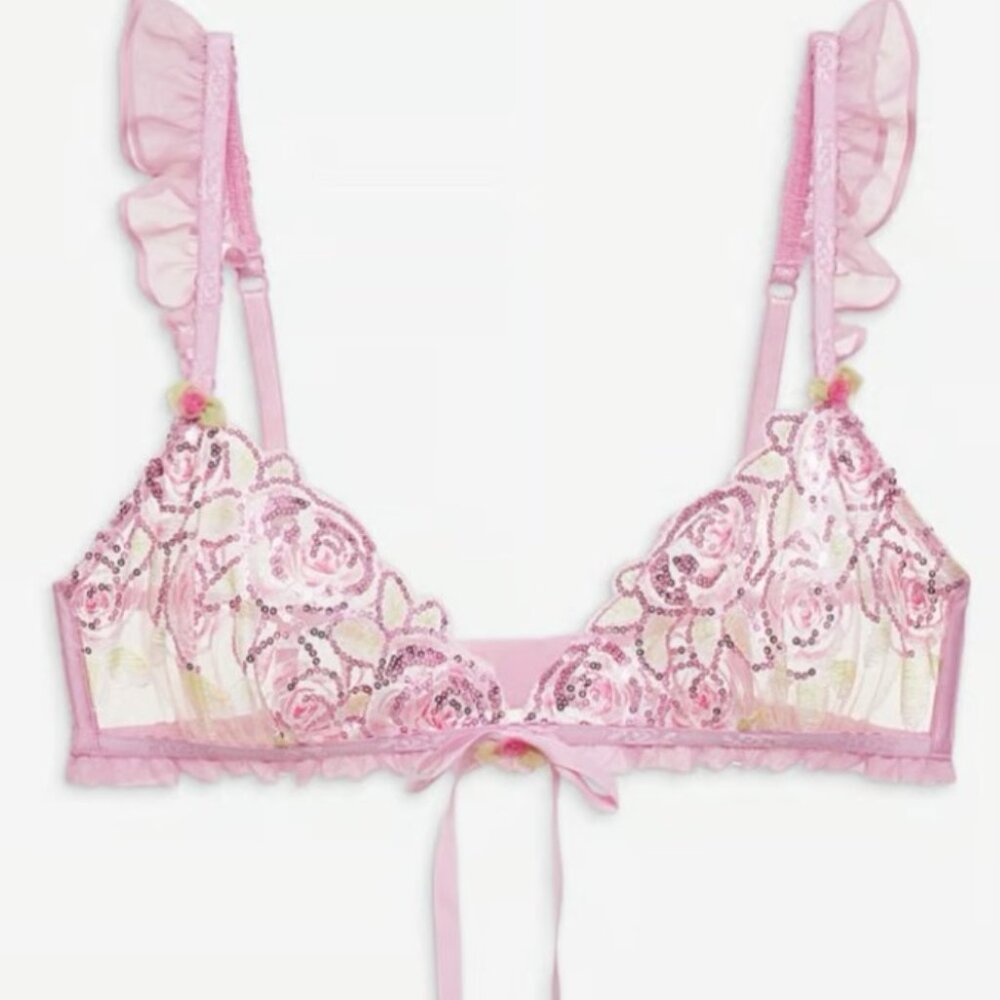 NWT For Love And Lemons Pink Floral Embroidered Sequins Bralette Size XL